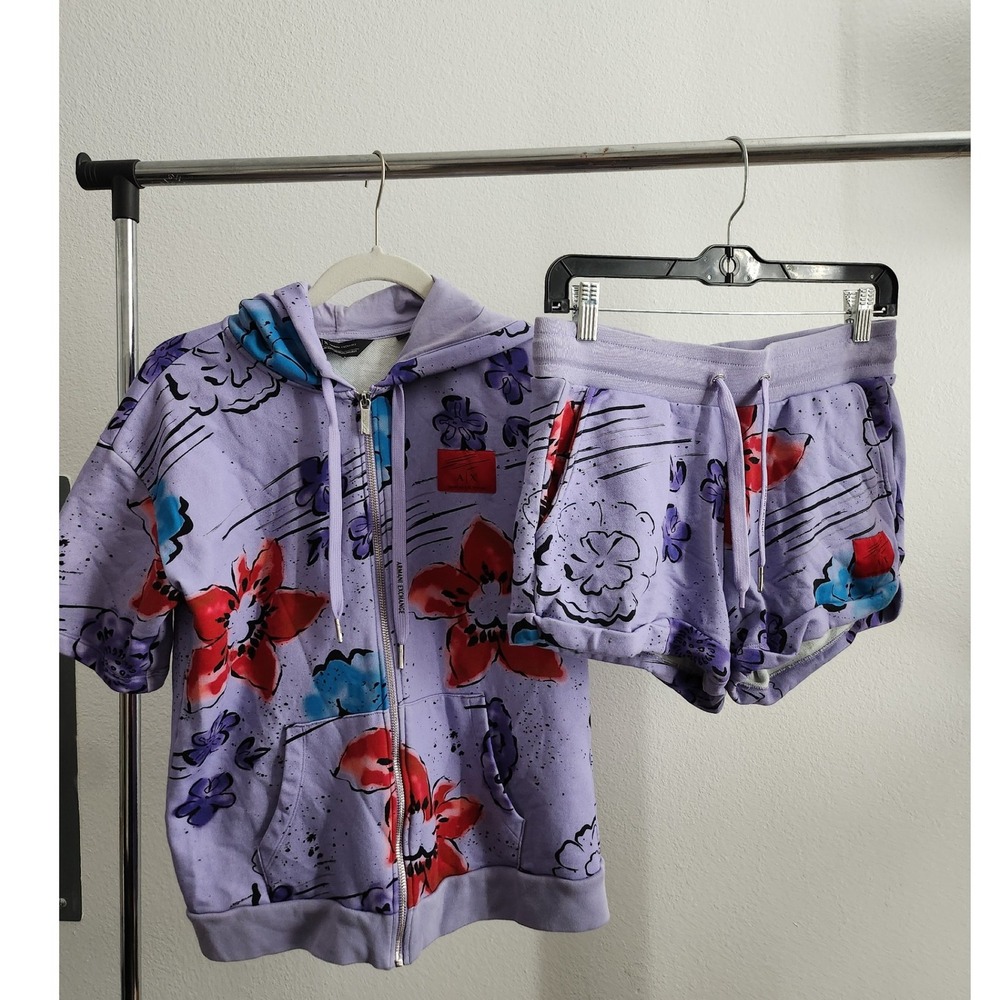 Armani Exchange AX Floral Print Hoodie Shorts Set Lavender Purple Women's Size S